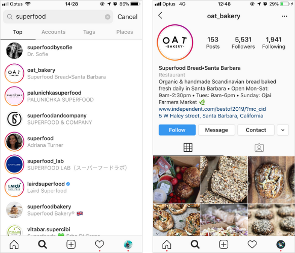 Instagram Search: Name Field Oat Bakery