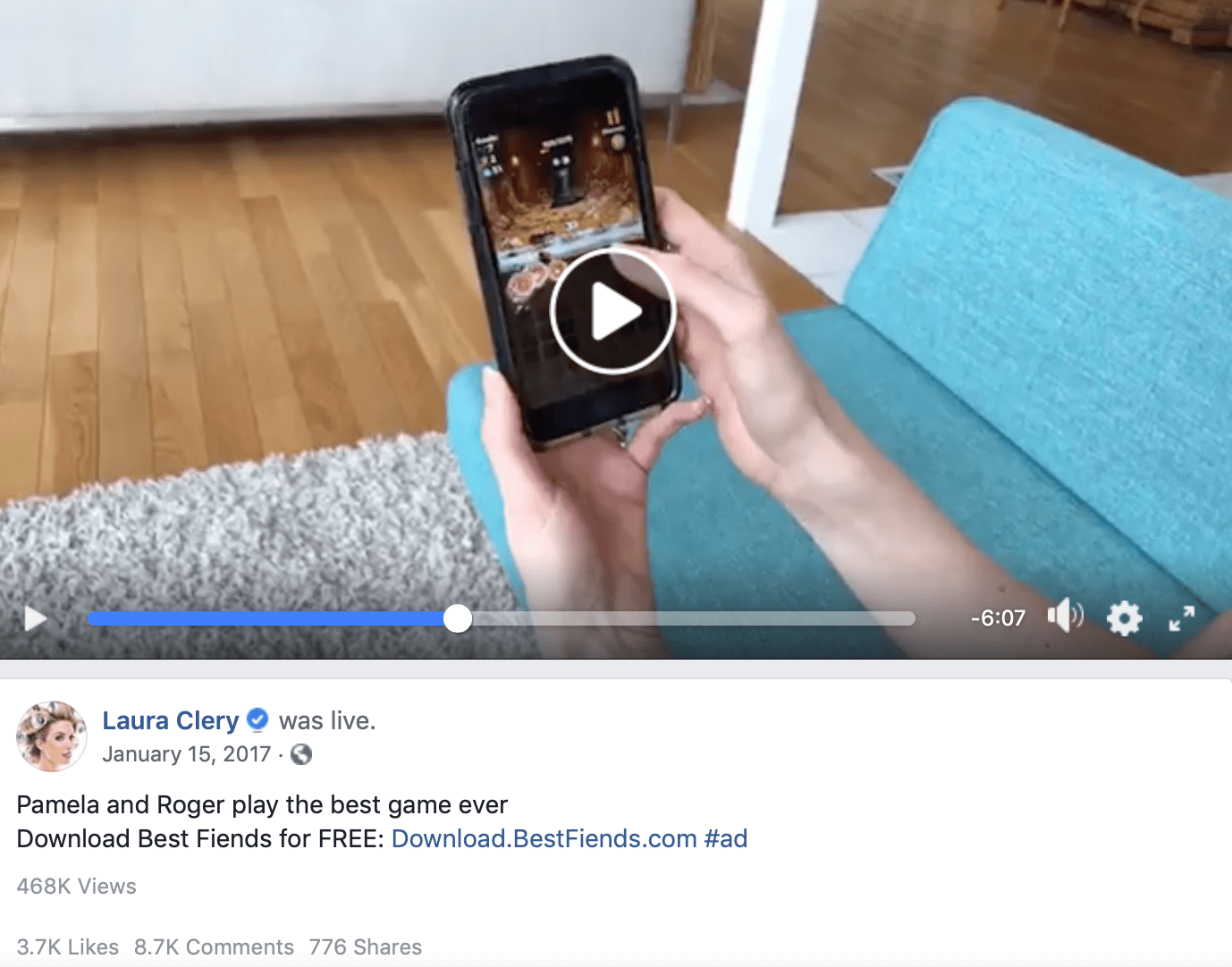 Screenshot of Facebook live video from Facebook influencer Laura Clery