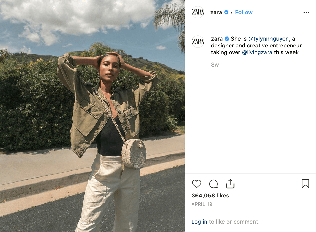 Screenshot of clothing brand Zara's Instagram post featuring an influencer