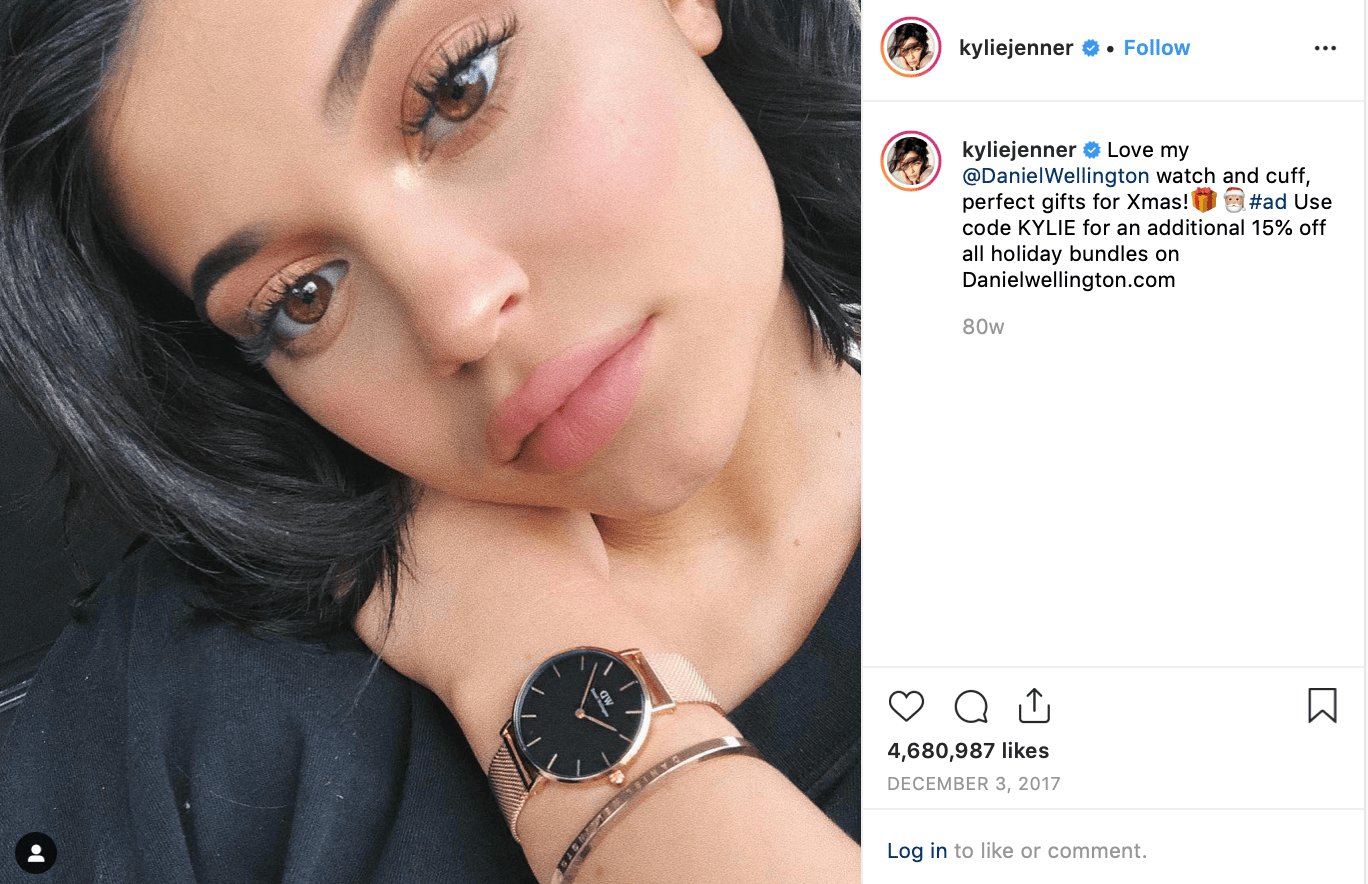 Screenshot of influencer Kylie Jenner instagram post featuring Daniel Wellington watch