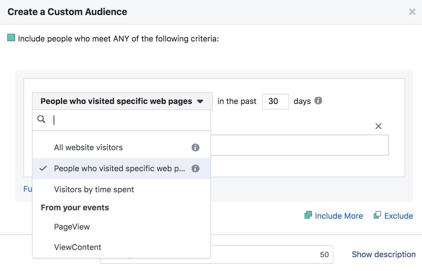 facebook pixel people who visited specific web pages